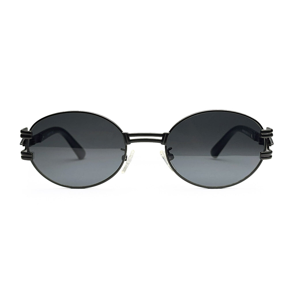 Round black metal sunglasses with dark lenses and unique side hinges on white background
