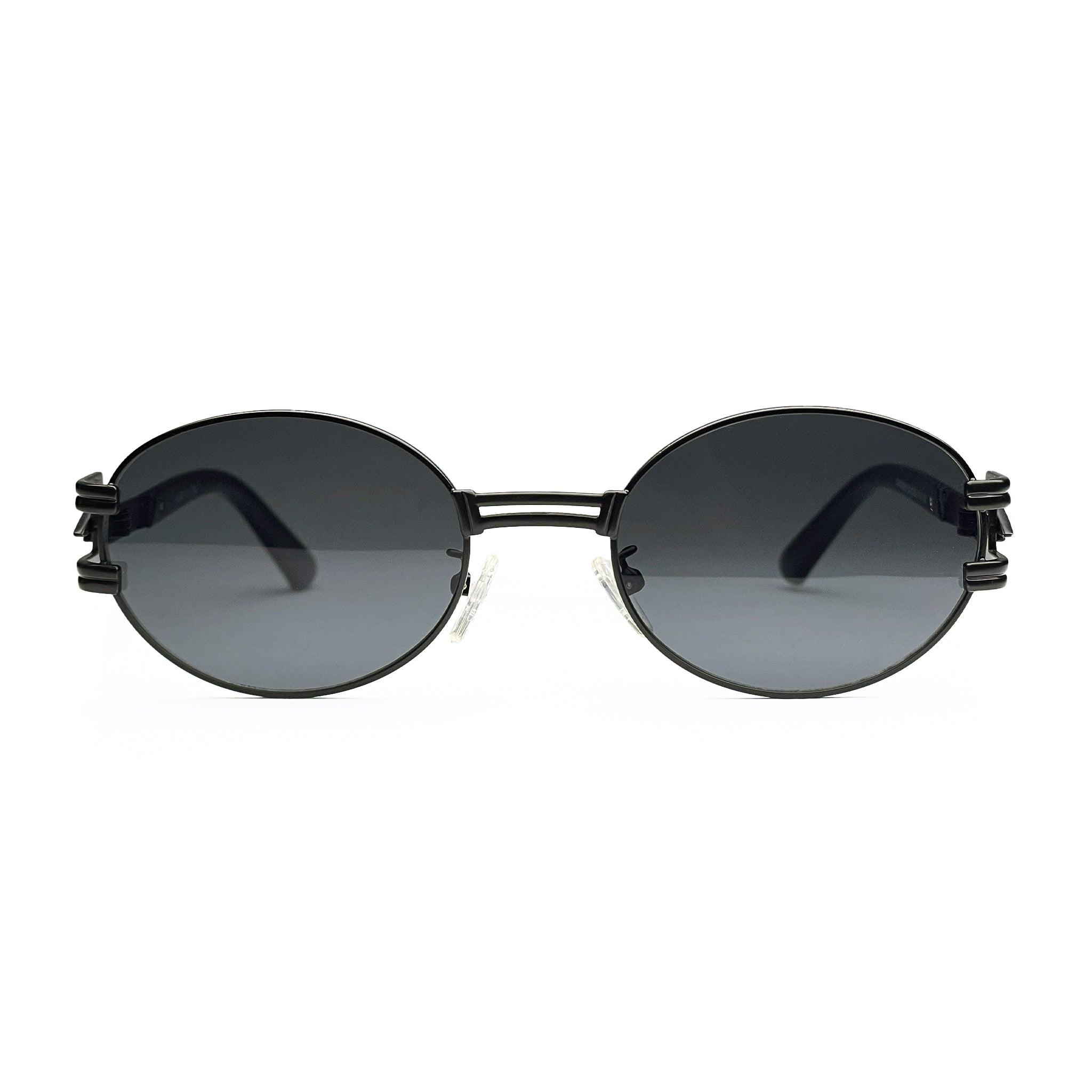 Round black metal sunglasses with dark lenses and unique side hinges on white background