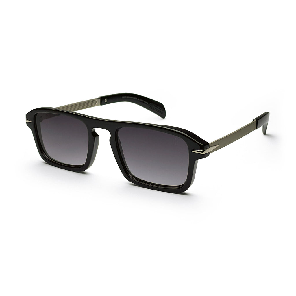 Black square sunglasses with dark gradient lenses and metallic arms on white background
