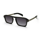 Black square sunglasses with dark gradient lenses and metallic arms on white background
