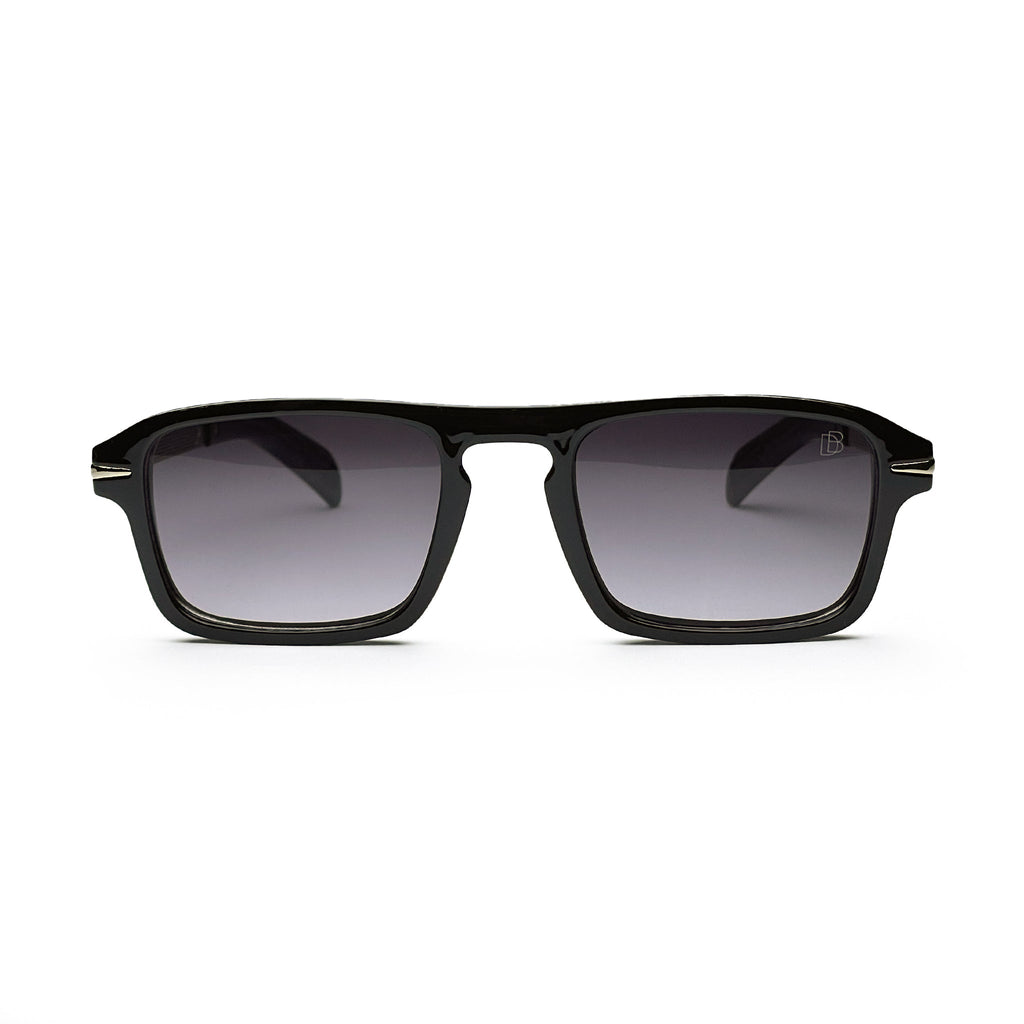 Black rectangular sunglasses with dark gradient lenses on white background