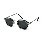 Modern square black sunglasses with silver frame and dark lenses on white background