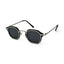 Modern square black sunglasses with silver frame and dark lenses on white background