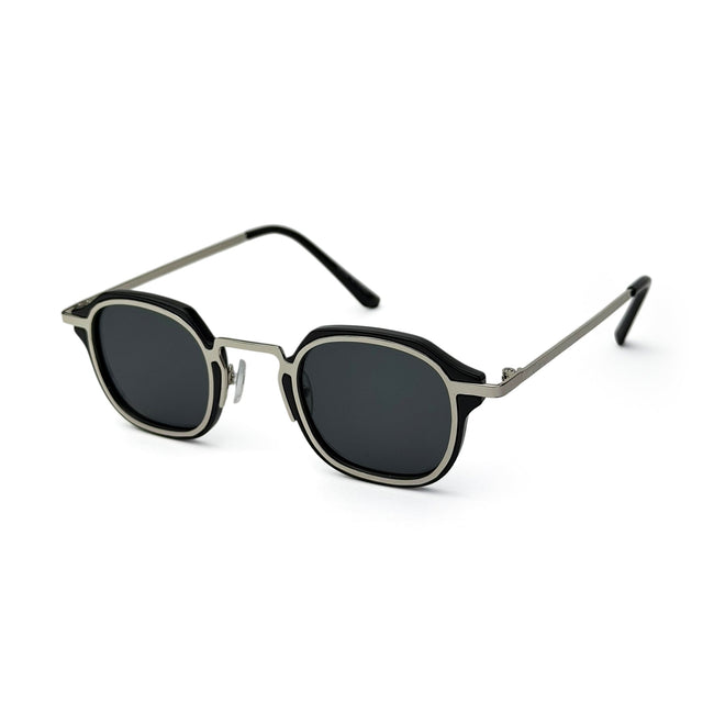 Modern square black sunglasses with silver frame and dark lenses on white background Hover Image