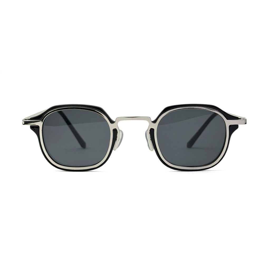 Black and silver round sunglasses with dark lenses on white background