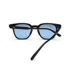 Black frame eyeglasses with light blue lenses on white background