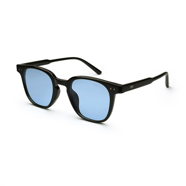 Black square-frame sunglasses with blue tinted lenses on white background Hover Image