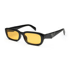 Black rectangular sunglasses with amber lenses on white background