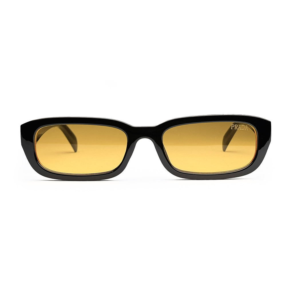 Rectangular black sunglasses with yellow tinted lenses, front view on white background