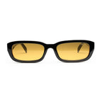 Rectangular black sunglasses with yellow tinted lenses, front view on white background