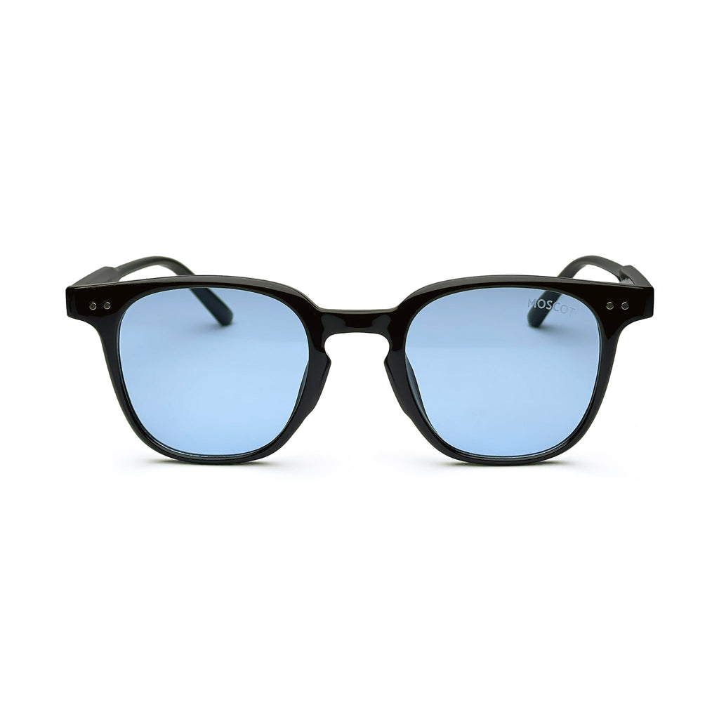 Black square frame sunglasses with light blue tinted lenses on white background