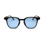 Black square frame sunglasses with light blue tinted lenses on white background