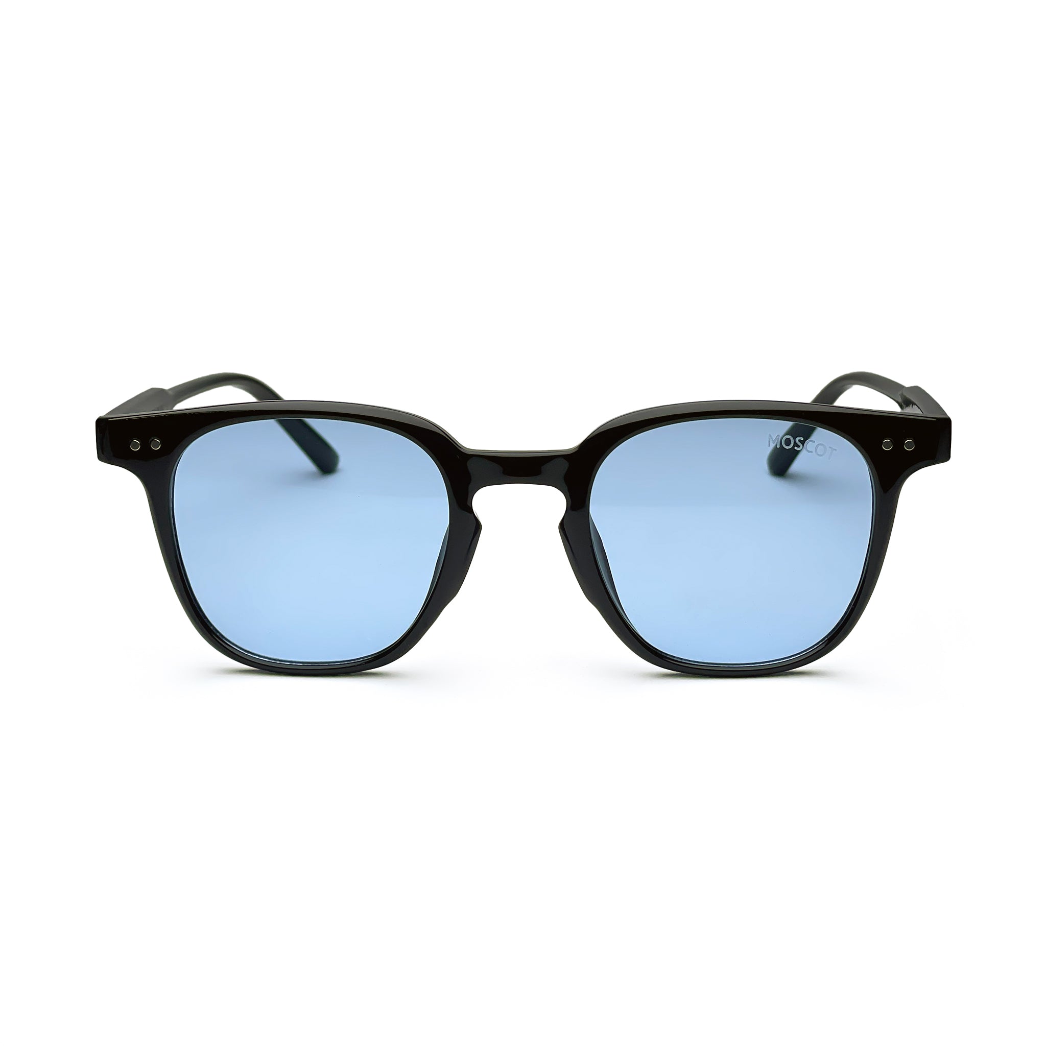 Black square frame sunglasses with light blue tinted lenses on white background