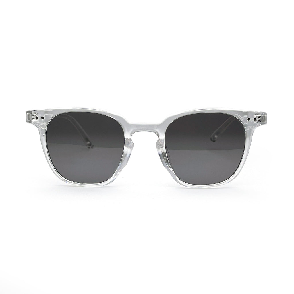 Clear frame sunglasses with dark lenses, stylish unisex eyewear on white background