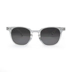 Clear frame sunglasses with dark lenses, stylish unisex eyewear on white background