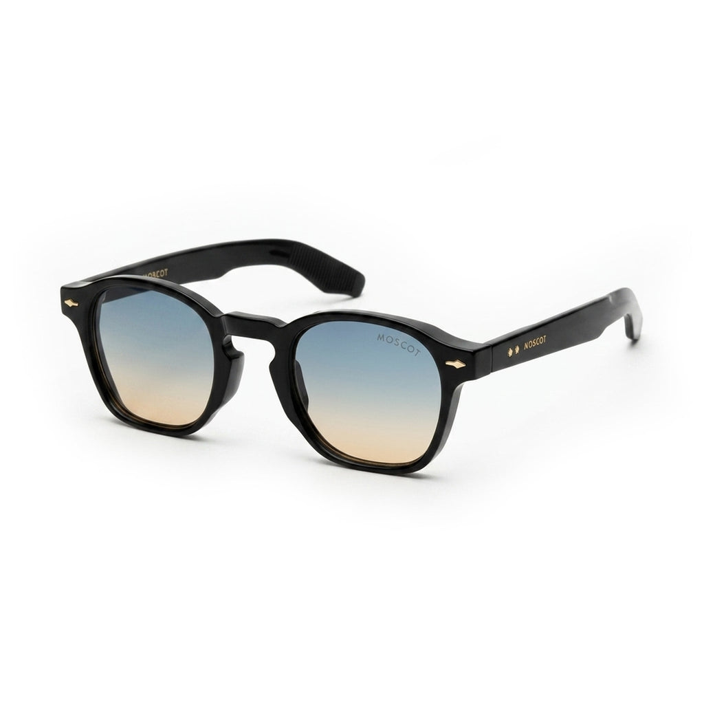 Black acetate sunglasses with gradient blue and brown lenses on a white background