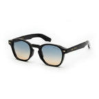 Black acetate sunglasses with gradient blue and brown lenses on a white background