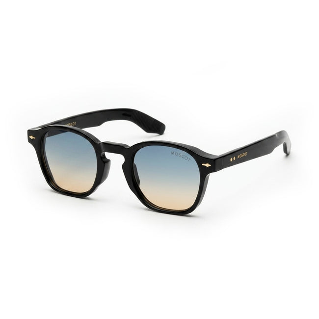 Black acetate sunglasses with gradient blue and brown lenses on a white background Hover Image