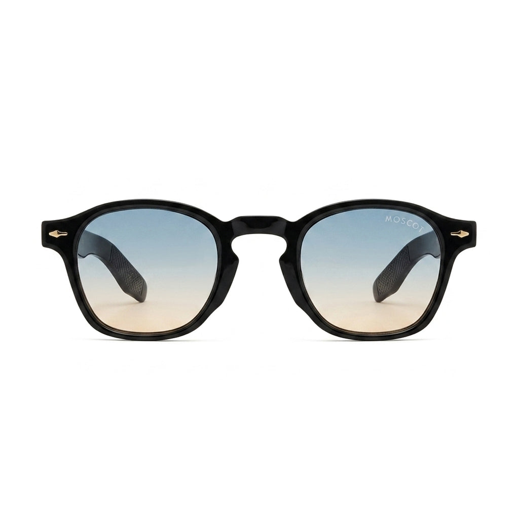 Black frame sunglasses with blue gradient lenses on white background