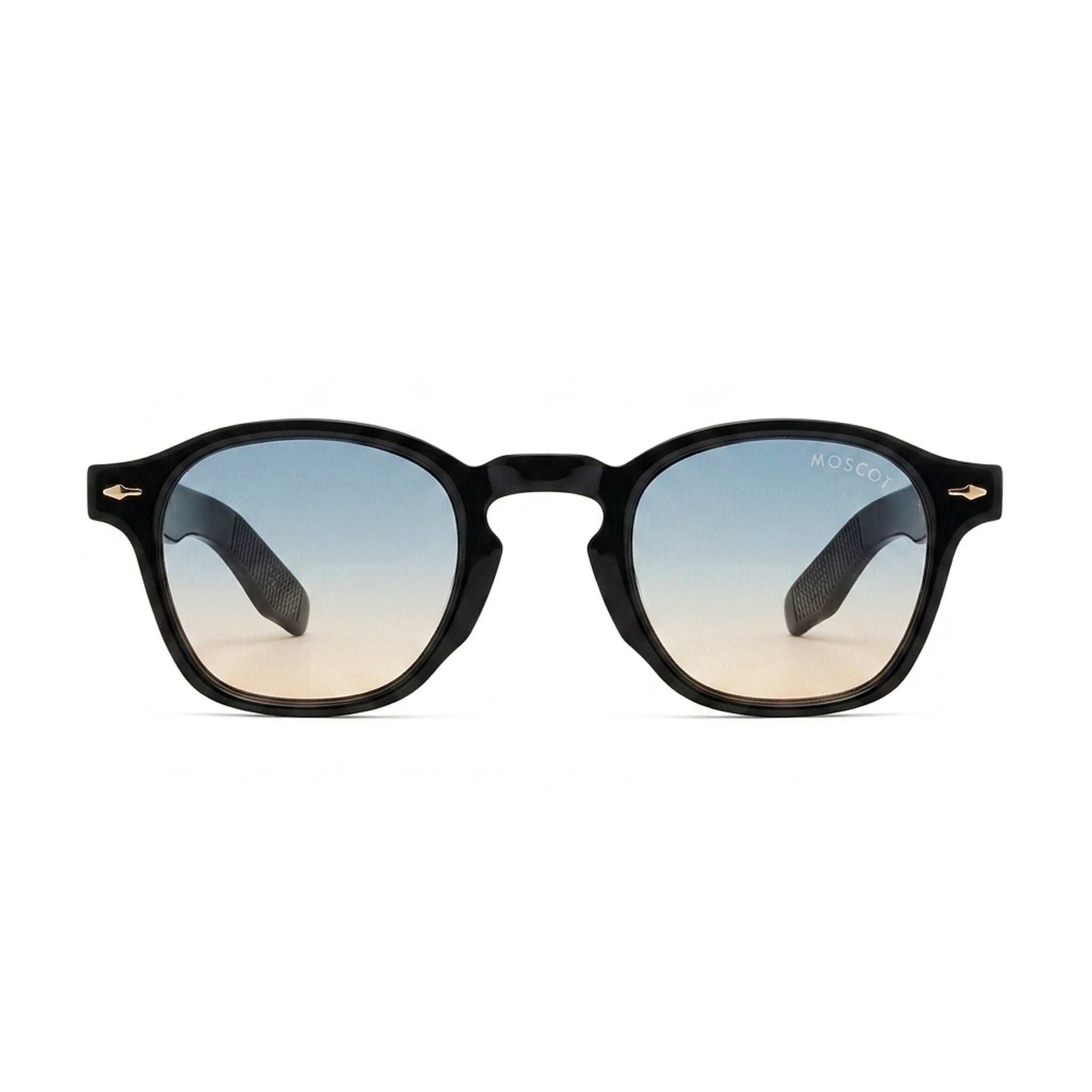 Black frame sunglasses with blue gradient lenses on white background