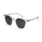 Clear frame sunglasses with black square lenses on white background