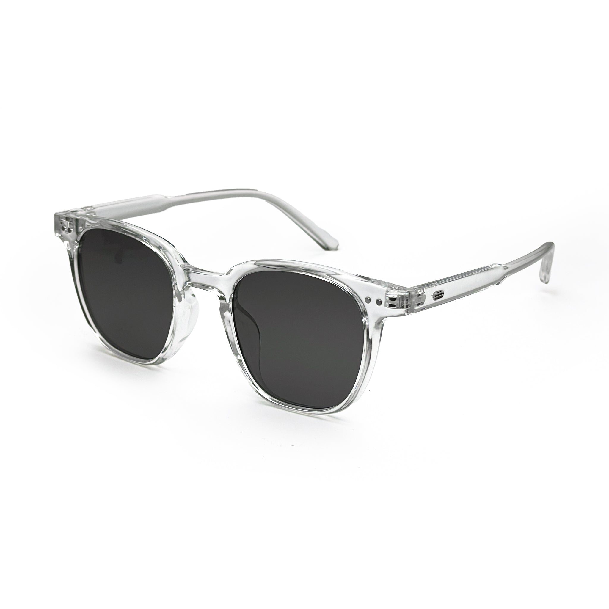 Clear frame sunglasses with black square lenses on white background