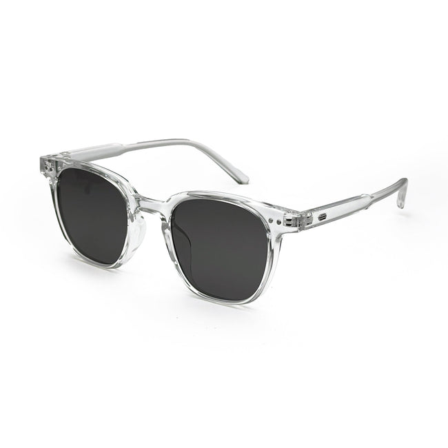 Clear frame sunglasses with black square lenses on white background Hover Image