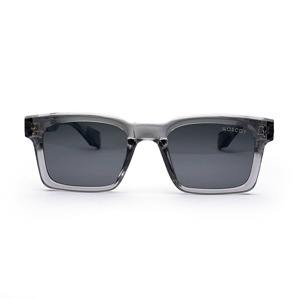 Rectangular grey transparent sunglasses with black lenses, front view on white background