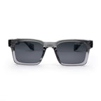 Rectangular grey transparent sunglasses with black lenses, front view on white background