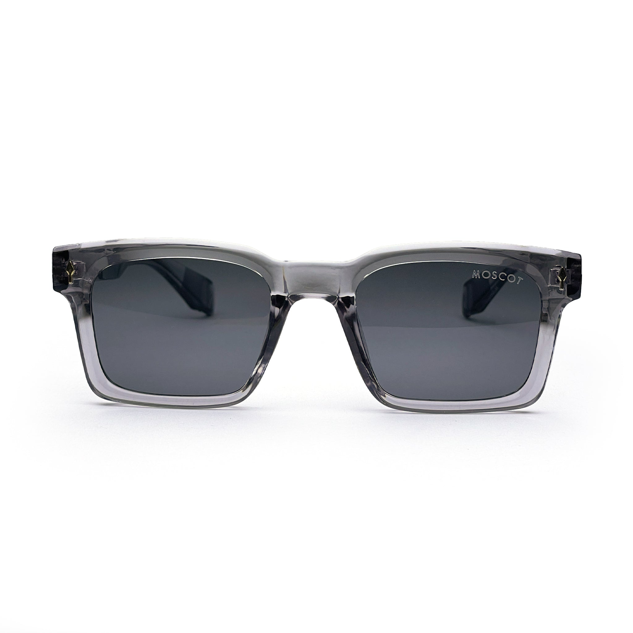 Rectangular grey transparent sunglasses with black lenses, front view on white background