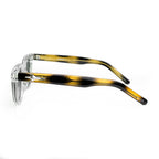 Clear frame eyeglasses with yellow and black gradient acetate arms, side view
