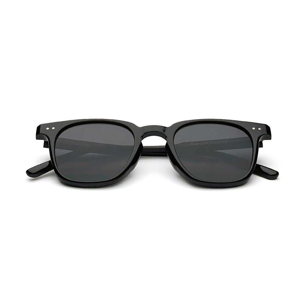 Classic black square sunglasses with dark lenses on white background