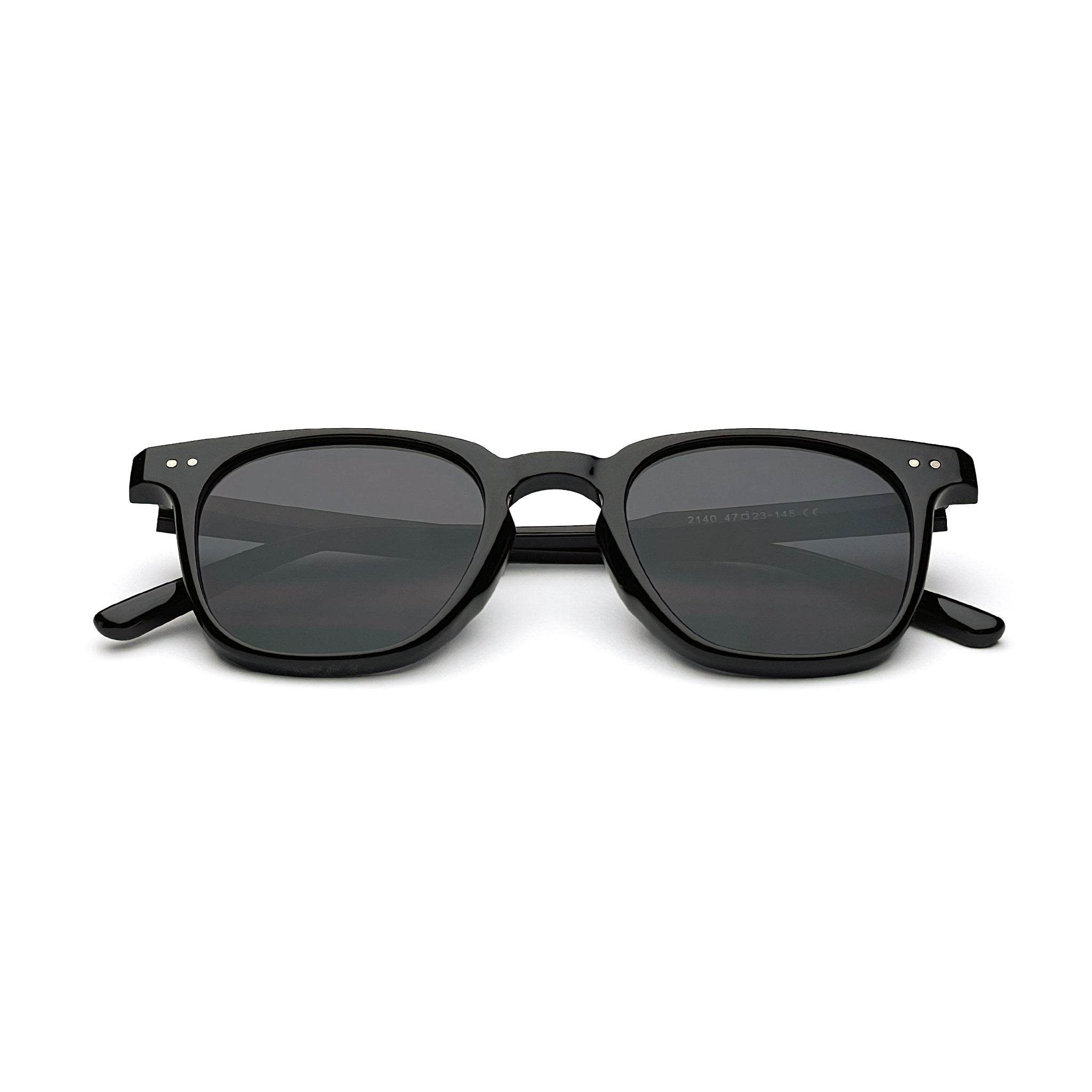 Classic black square sunglasses with dark lenses on white background