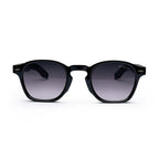 Black round sunglasses with thick frames and dark lenses on white background