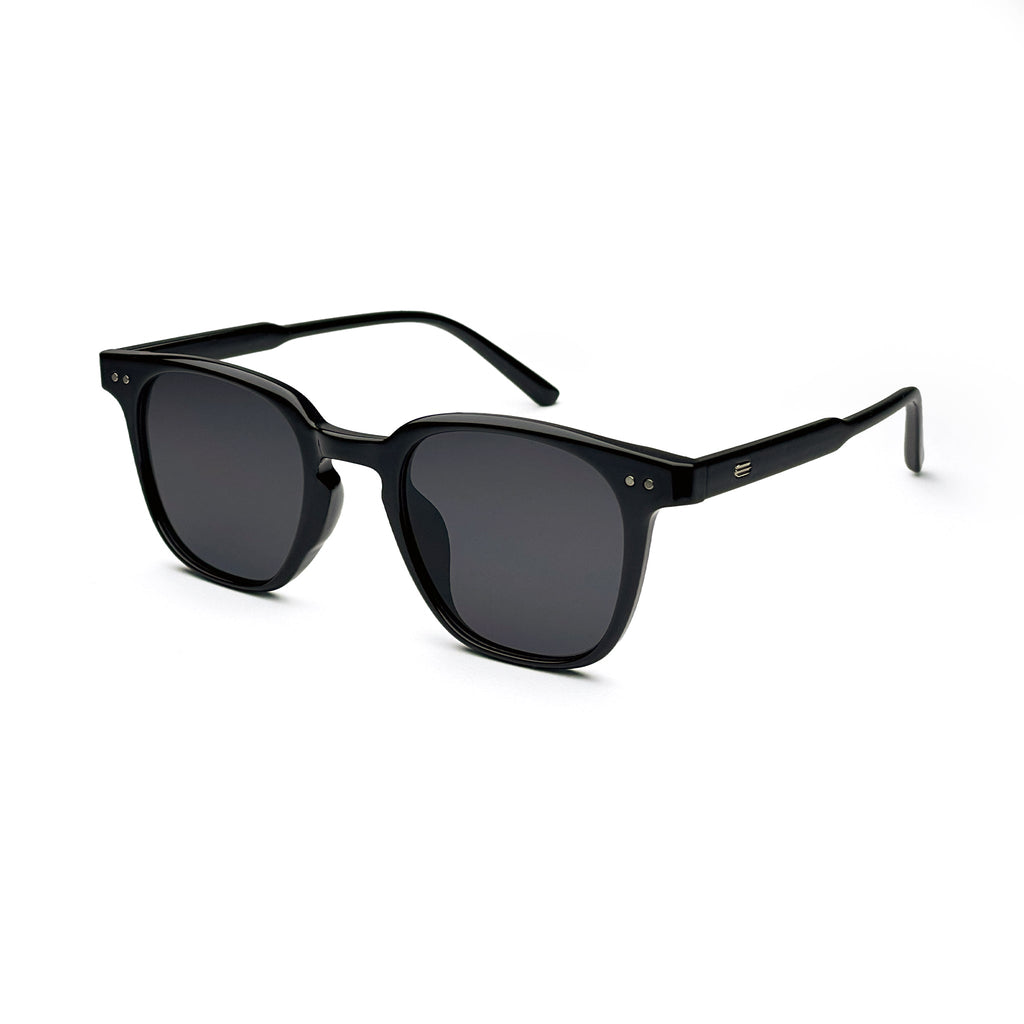 Black square-frame sunglasses with dark lenses on white background