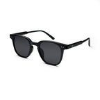 Black square-frame sunglasses with dark lenses on white background
