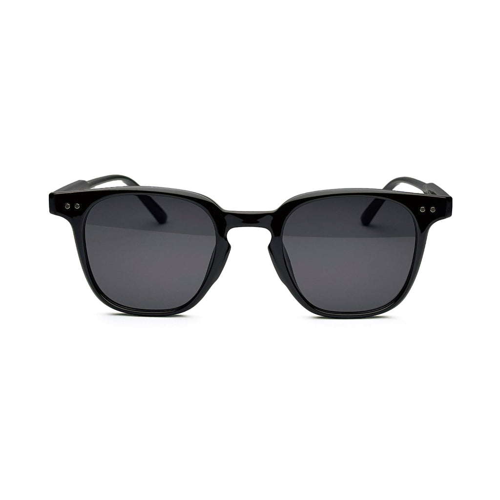 Black square-framed sunglasses with dark lenses on a white background