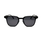 Black square-framed sunglasses with dark lenses on a white background