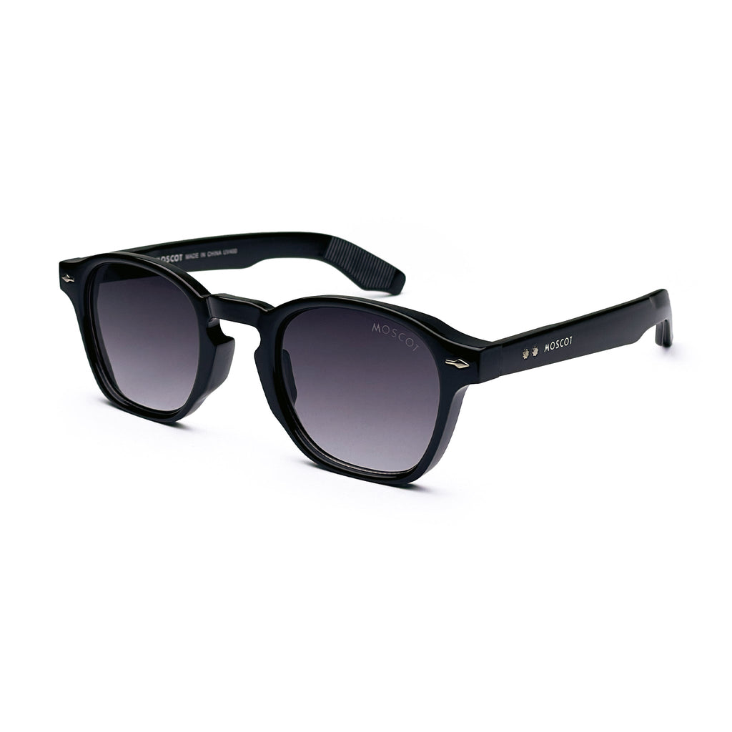 Black square-frame sunglasses with dark gradient lenses on white background