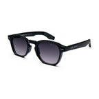 Black square-frame sunglasses with dark gradient lenses on white background