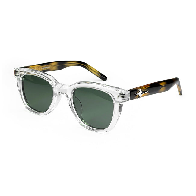 Clear frame sunglasses with green lenses and tortoiseshell arms on white background Hover Image