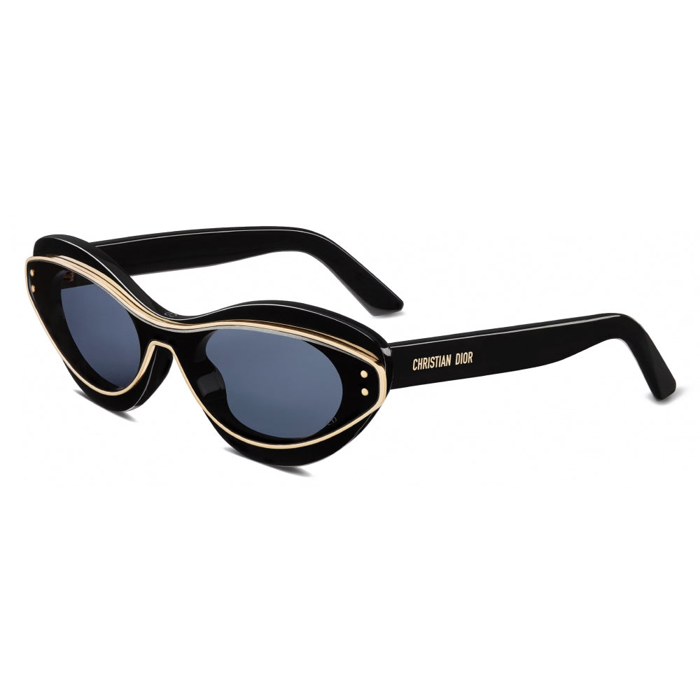 Black oval sunglasses with gold trim and dark lenses, Christian Dior logo on the arm