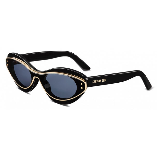 Black oval sunglasses with gold trim and dark lenses, Christian Dior logo on the arm Hover Image