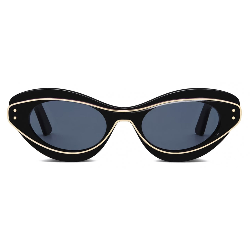 Black cat-eye sunglasses with gold trim and dark lenses on white background