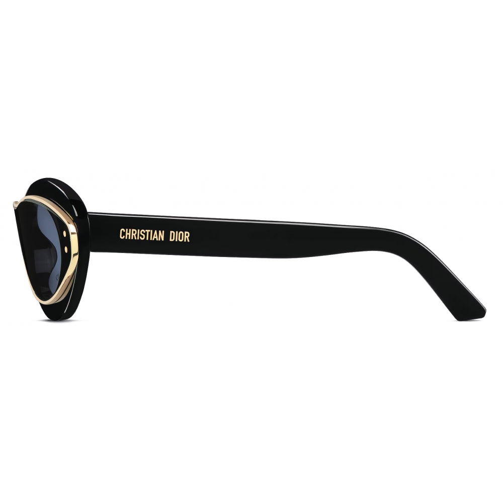 Black designer sunglasses with gold accents and bold side logo, side profile view