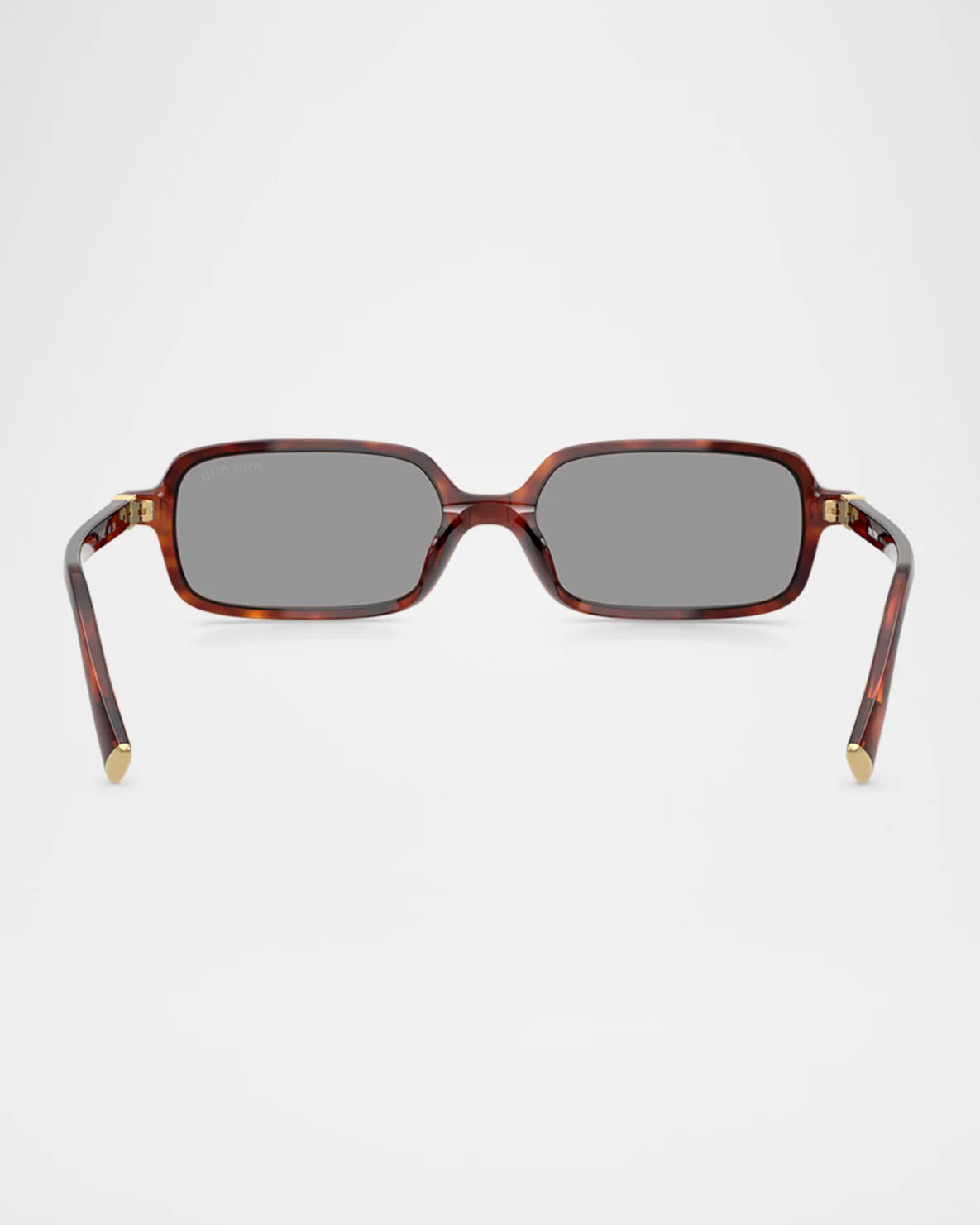 Rectangular tortoiseshell sunglasses with dark lenses and gold accents, front view
