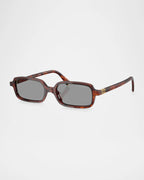 Rectangular tortoiseshell sunglasses with dark lenses and gold accents on the temples