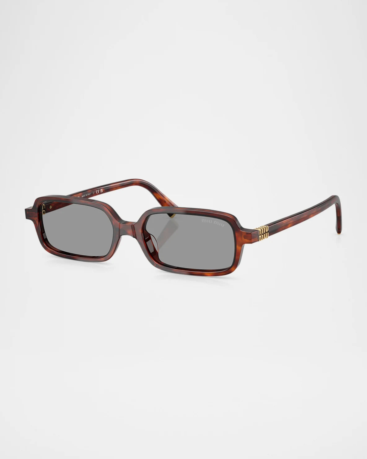 Rectangular tortoiseshell sunglasses with dark lenses and gold accents on the temples