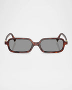 Rectangular tortoiseshell sunglasses with dark lenses on white background
