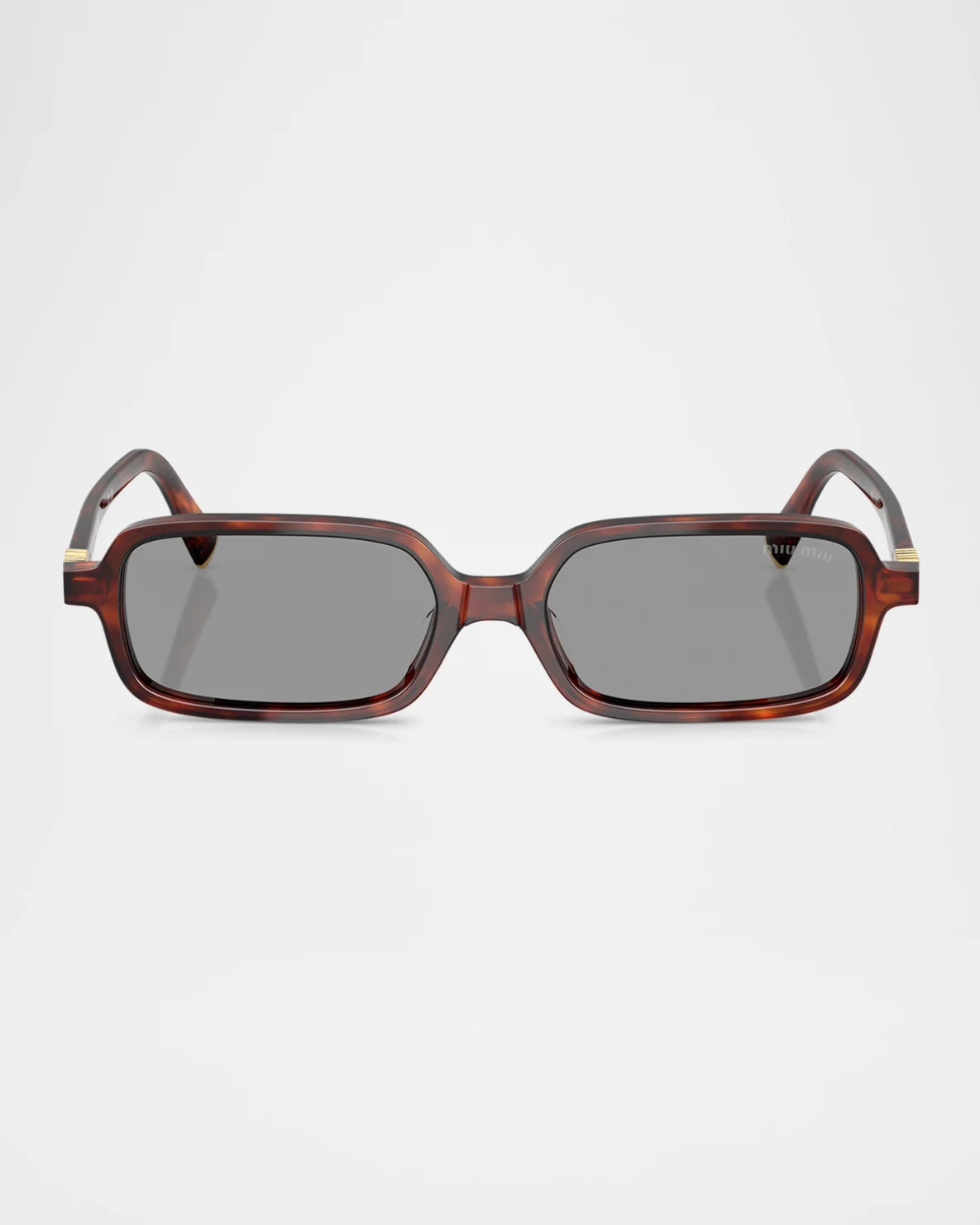Rectangular tortoiseshell sunglasses with dark lenses on white background
